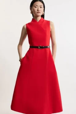 Tall Compact Stretch Wrap Neck Tailored Midi Dress