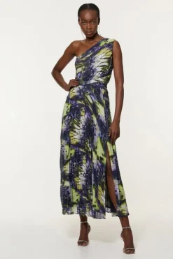 Tall Crinkle Feather Print Woven One Shoulder Maxi Dress
