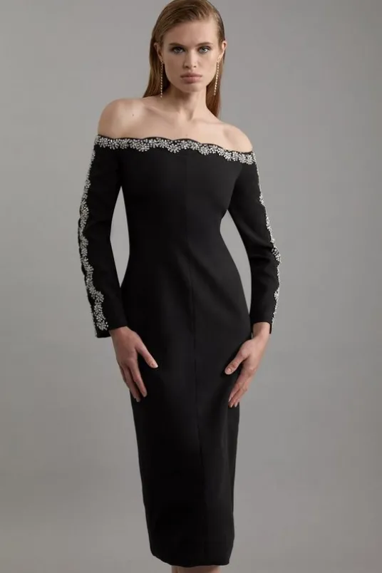 Tall Crystal Embellished Scalloped Off The Shoulder Tailored Midaxi Dress