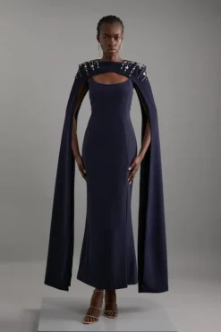 Tall Crystal Embellished Viscose Crepe Woven Maxi Dress With Detachable Cape