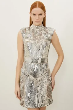 Tall Embellished Pearl Strong Shoulder Mini Dress