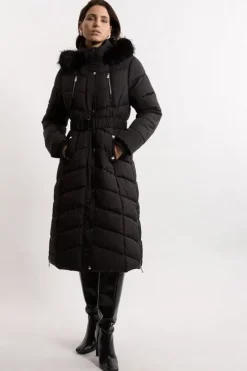 Tall Faux Down Padded Belted Hooded Puffer Coat