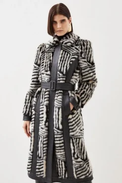 Tall Faux Fur Pu Panelled Stripe Belted Coat