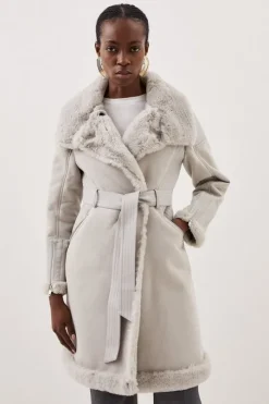 Tall Faux Shearling Biker Longline Belted Coat