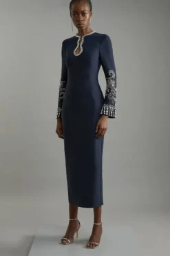 Tall Figure Form Bandage Knit Embellished Wide Sleeve Midaxi Dress