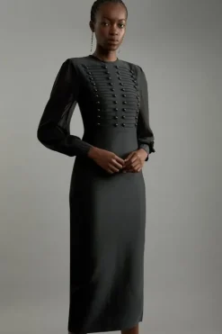 Tall Figure Form Bandage Knit Chiffon Sleeve Military Trim Midaxi Dress