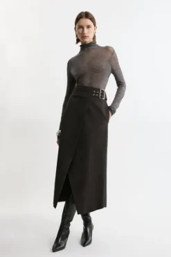 Tall Flannel Wrap Over Belted Tailored Maxi Skirt