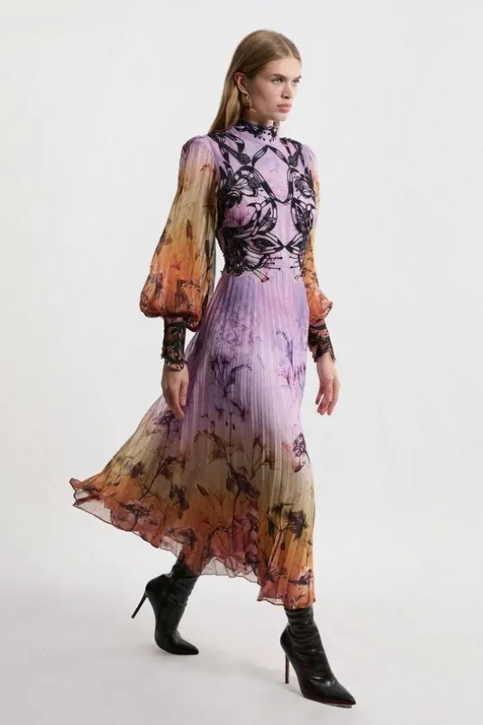 Tall Floral Applique Lace Pleated Woven Maxi Dress