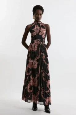 Tall Floral Belted Pleated Woven Midi Dress