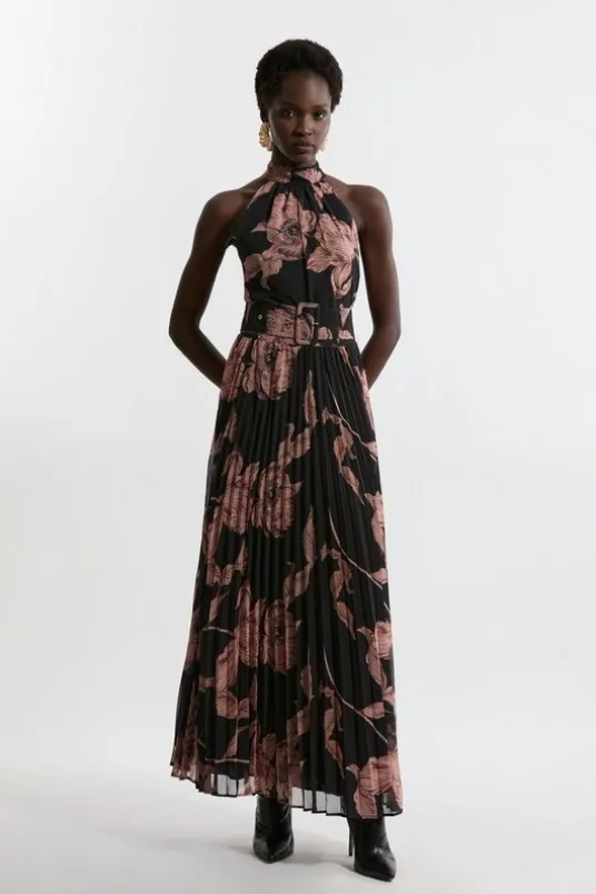 Tall Floral Belted Pleated Woven Midi Dress