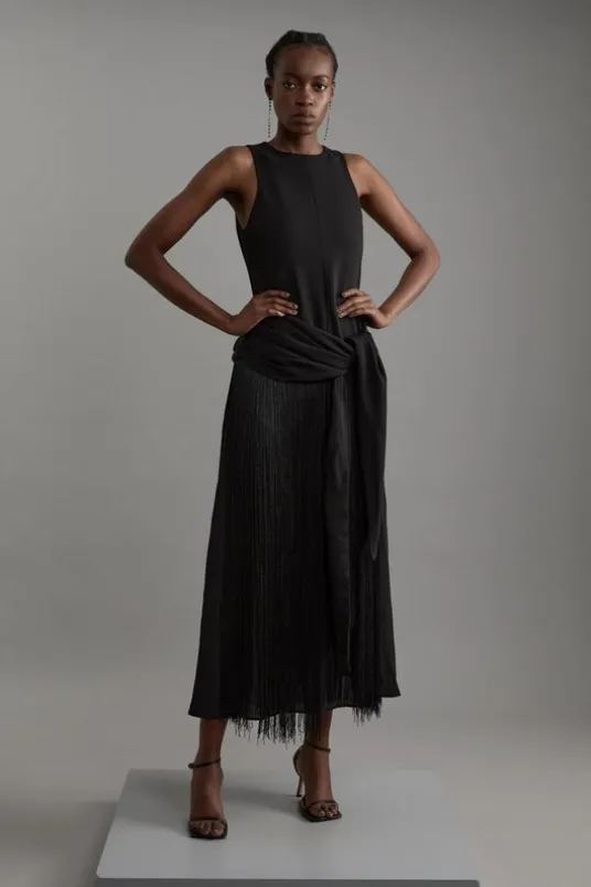 Tall Fringe Tassle Halter Neck Tailored Maxi Dress