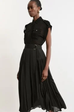 Tall Georgette Belted Pleat Woven Midi Skirt