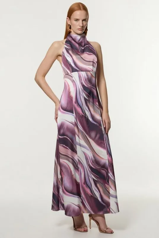 Tall Graduated Stripe Viscose Satin Halter Dress