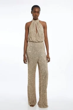 Tall Halter Jersey Stretch Sequin Wide Leg Jumpsuit