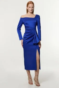 Tall Italian Structured Rib Asymmetric Neckline Draped Tailored Midi Dress
