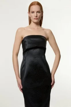 Tall Italian Structured Textured Satin Bandeau Tailored Midi Dress