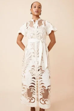 Tall Linen Cutwork Embroidery Woven Midi Dress