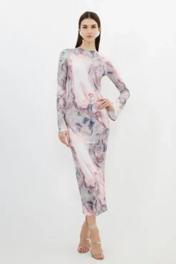 Tall Marble Print Jersey Long Sleeve Maxi Dress