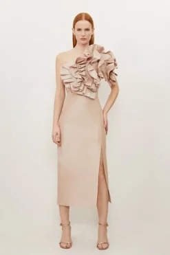 Tall Metallic Taffeta Rosette Midi Off The Shoulder Dress