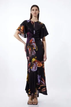 Tall Midnight Floral Satin Crepe Woven Angel Sleeve Maxi