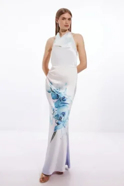 Tall Ooto Heavy Satin Draped Floral Woven Halter Maxi Dress