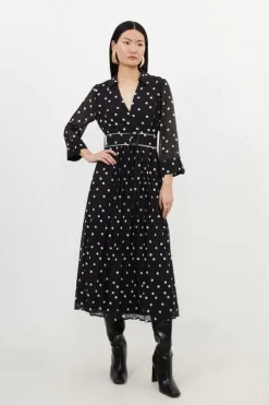Tall Pleated Contrast Georgette Spot Woven Midi Dress