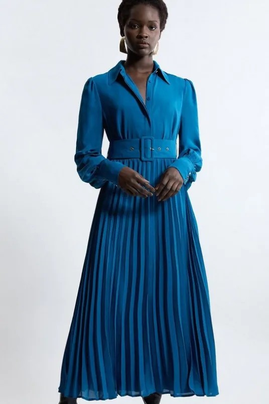 Tall Pleated Woven Maxi Shirt Dress With Belt