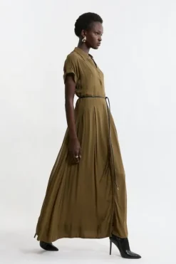 Tall Pleated Woven Viscose Midaxi Shirt Dress