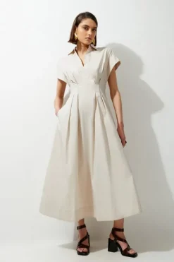 Tall Poplin Dropped Strong Shoulder Woven Shirt Dress