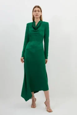 Tall Premium Jacquard Cowl Long Sleeve Woven Midi Dress