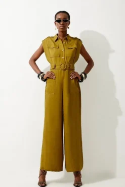 Tall Premium Linen Topstitch Belted Jumpsuit