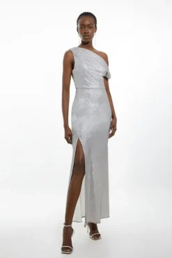 Tall Premium Metallic Ruched One Shoulder Maxi Dress