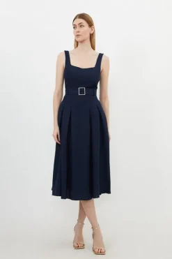 Tall Premium Tailored Linen Square Neck Belted Midi Dress