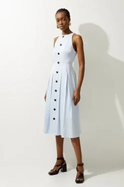 Tall Premium Tailored Linen Button Through Full Skirted Midi Dress