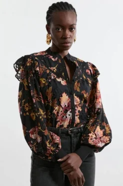 Tall Printed Eyelet Woven Blouse With Guipure Trim