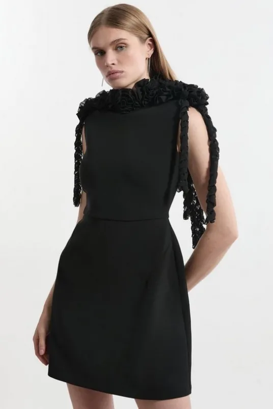 Tall Rosette And Ruffle Compact Viscose Tailored Mini Dress