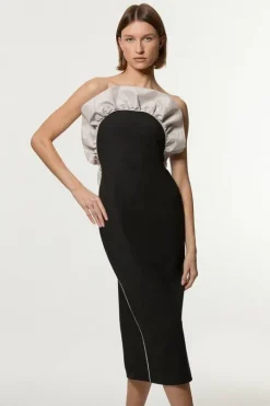 Tall Ruffle Taffeta Stretch Crepe Bandeau Tailored Midi Dress