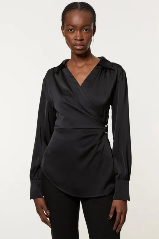 Tall Satin Back Crepe Pearl Detail Wrap Blouse