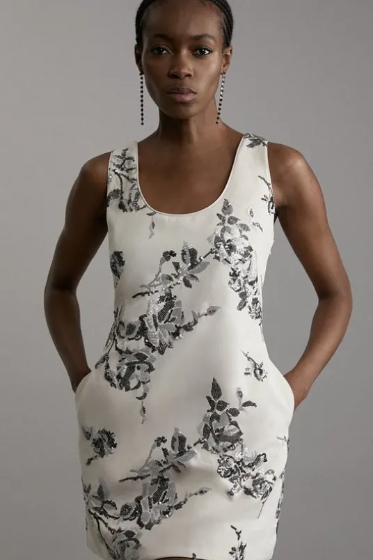 Tall Satin Sequin And Embroidery Woven Mini Dress