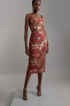 Tall Satin Sequin And Embroidery Woven Pencil Skirt