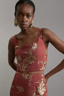 Tall Satin Sequin And Embroidery Woven Square Neck Top