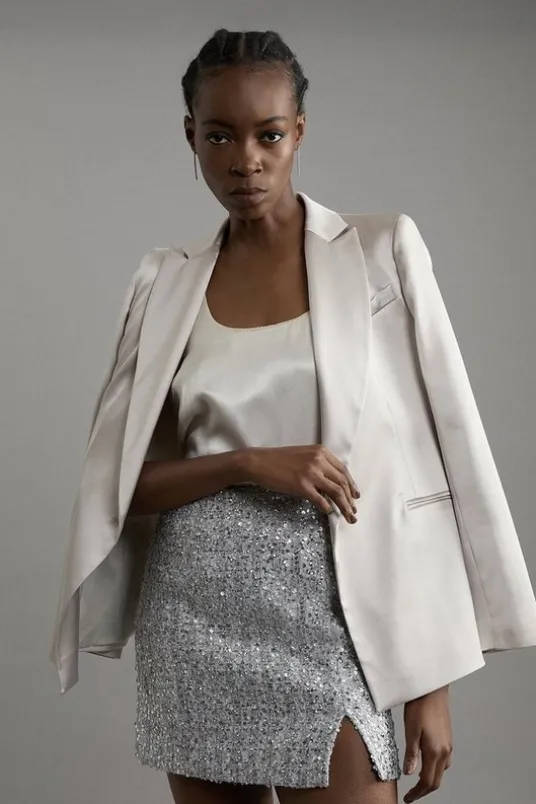 Tall Sequin Metallic Boucle Belted Tailored Mini Skirt