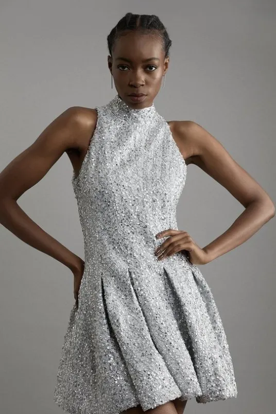 Tall Sequin Metallic Boucle Halter Full Skirt Tailored Mini Dress