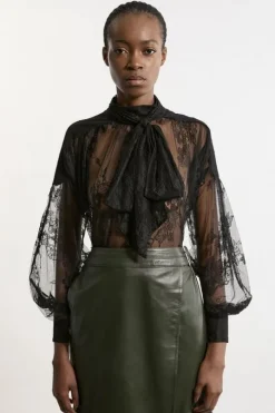Tall Sheer Lace Balloon Sleeve Bow Detail Blouse