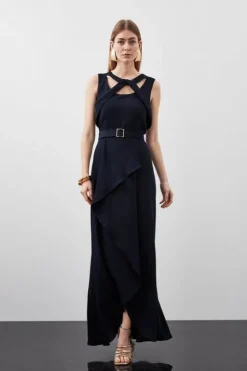 Tall Soft Tailored Tie Neck Detail Waterfall Maxi Length