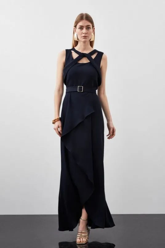 Tall Soft Tailored Tie Neck Detail Waterfall Maxi Length
