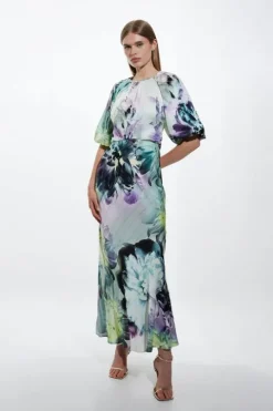 Tall Spring Floral Printed Hammered Satin Woven Midi Dress