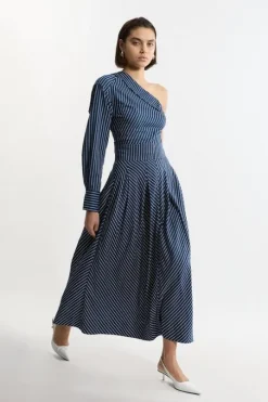 Tall Striped Twill Pleated Woven Maxi Skirt