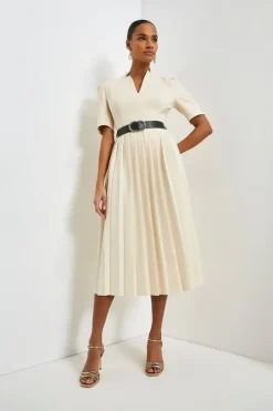 Tall Structured Crepe Forever Pleat Belted Midi Dress