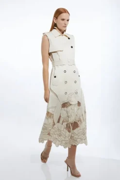 Tall Tailored Cotton Cutwork Embroidered Belted Trench Style Midaxi Dress